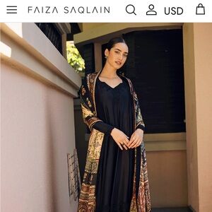Faiza Saqlain Black Ladies Duster Dress with Printed Kimono